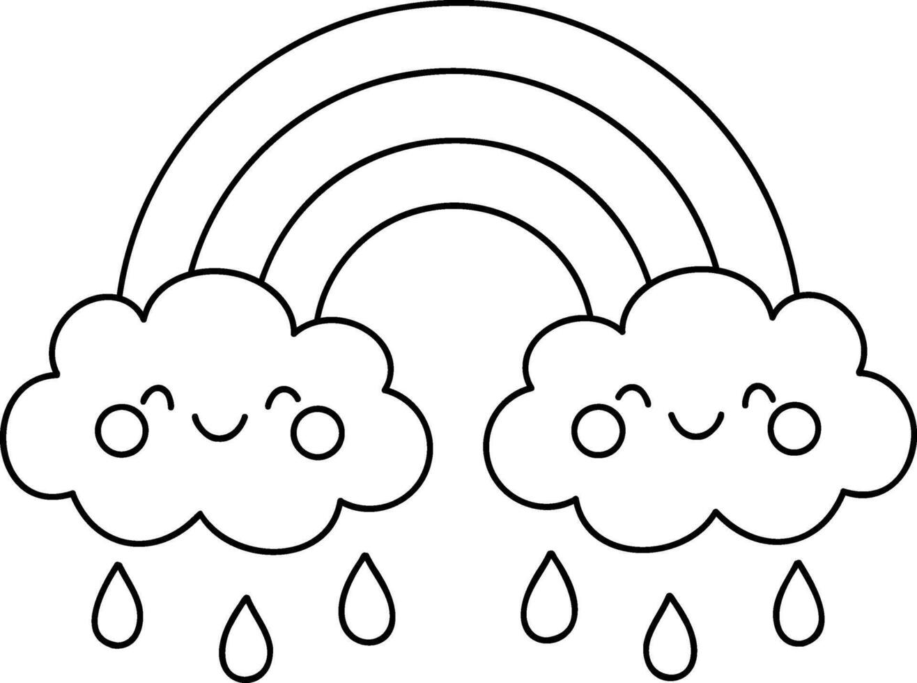 Cute clouds with smiling faces and colorful rainbow above them create cheerful scene vector