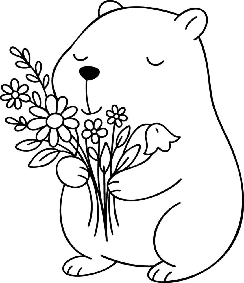 Cute bear holding flowers, expressing joy and warmth in playful design vector