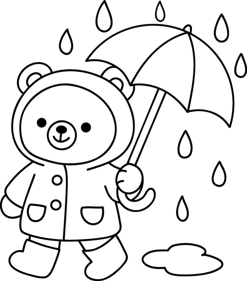 Cute bear character in raincoat holding umbrella, enjoying rainy day vector