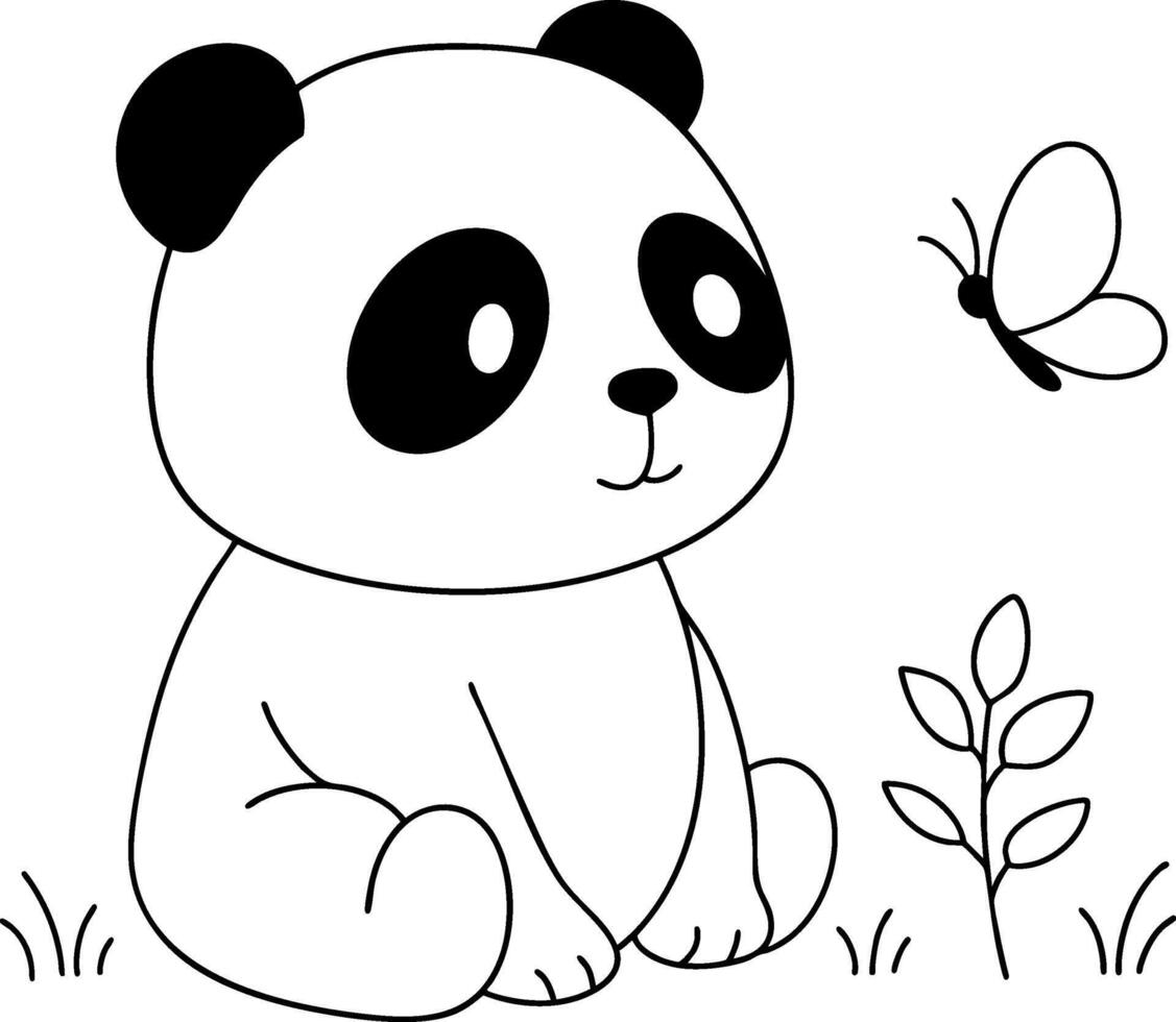 Cute panda sitting and looking at a butterfly vector