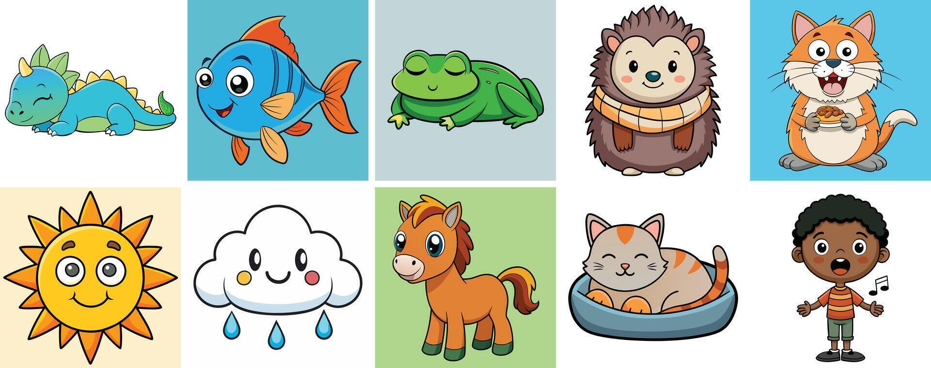 Adorable Cartoon Animals and Characters Collection Featuring a Dragon Fish Frog Hedgehog Cat Sun Cloud Pony Boy vector