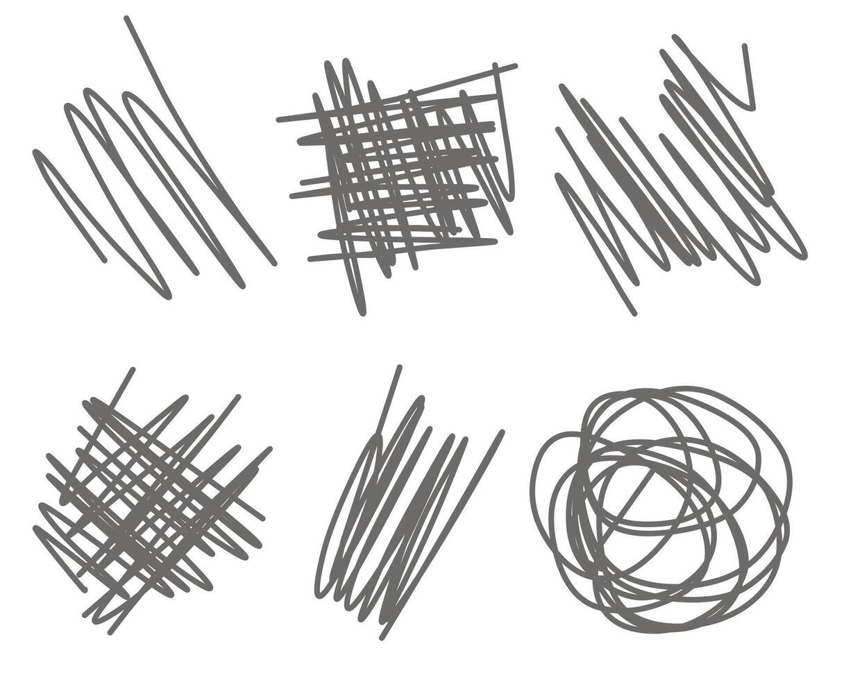 Six unique, abstract scribbled shapes are arranged in different orientations showcasing a variety of line styles and textures. The design uses simple dark lines against a white background vector