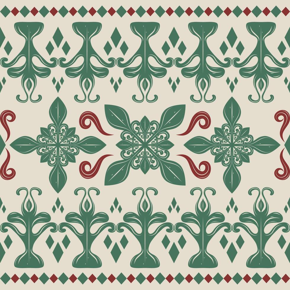 Royalty Greenish Scroll Ornament with Neatly Detailed on Beige Background. Beautiful Rainforest Vibe Inspired Pattern for Delicate Art Work Decoration Wallpaper Interior Apparel Clothes Scarf Lace Rug vector