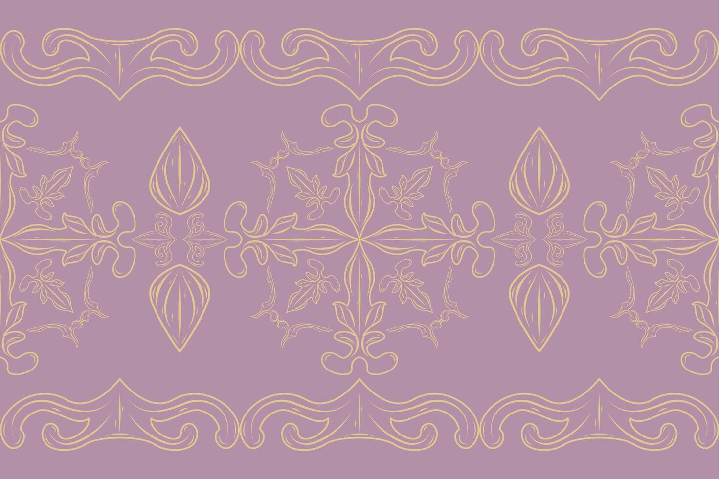 Romantic Aesthetic Hand Drawing Scroll Luxury Ornament with Royal Gold Line on Pale Dusty Lavender Background Pattern Seamless Border. Delicate Exquisite Filigree Fleur de lis Baroque Wallpaper Fabric vector