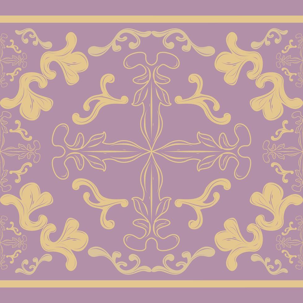 The design has strong vertical symmetry, and the consistent spacing between motifs reinforces the rhythmic flow making it ideal for large-scale application sense of uniformity pale gold purple pattern vector