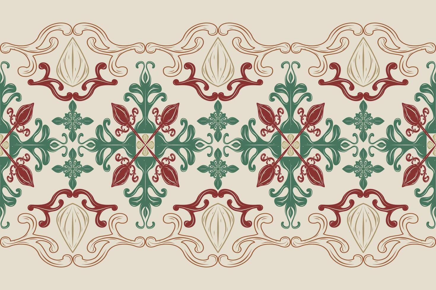 Elegance Greenery Florals Hand Drawing Stripe Luxury Decoration. Timeless Medieval Classy Botanical Garden Style with Maroon Green Brown on Beige Background for Border Pattern Baroque Design Interior vector