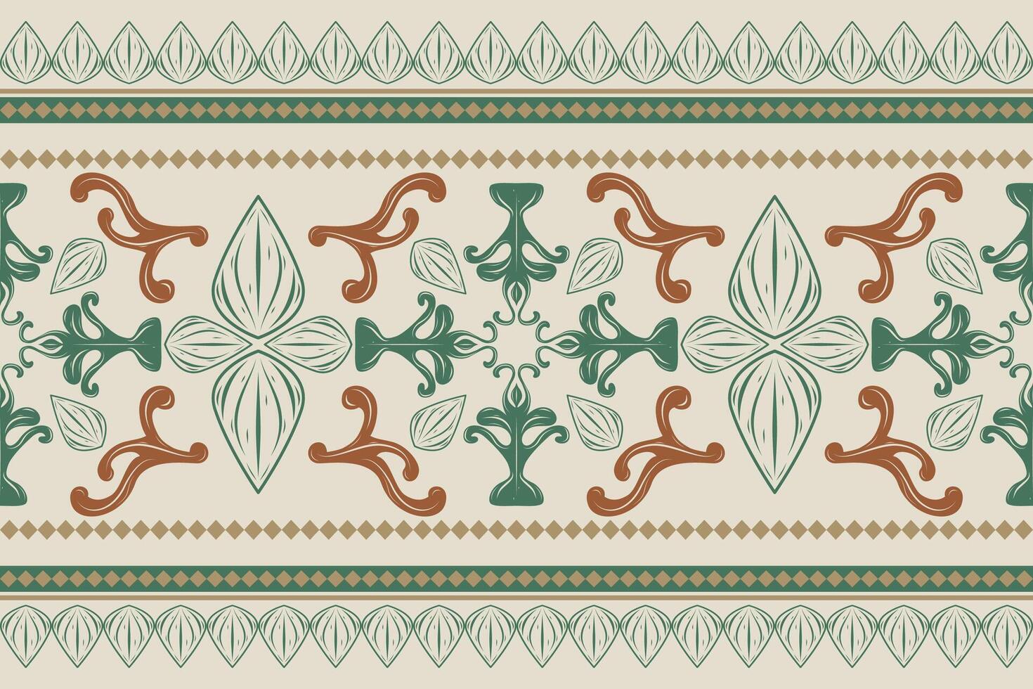 Fine Elaborate Elegance Border Hand Drawing Line and Bold Scroll Ornament. Classy Fleur de lis Artistic Pattern with Green Brown On Beige Background. Luxury Vintage Handicraft Style for Border Striped vector