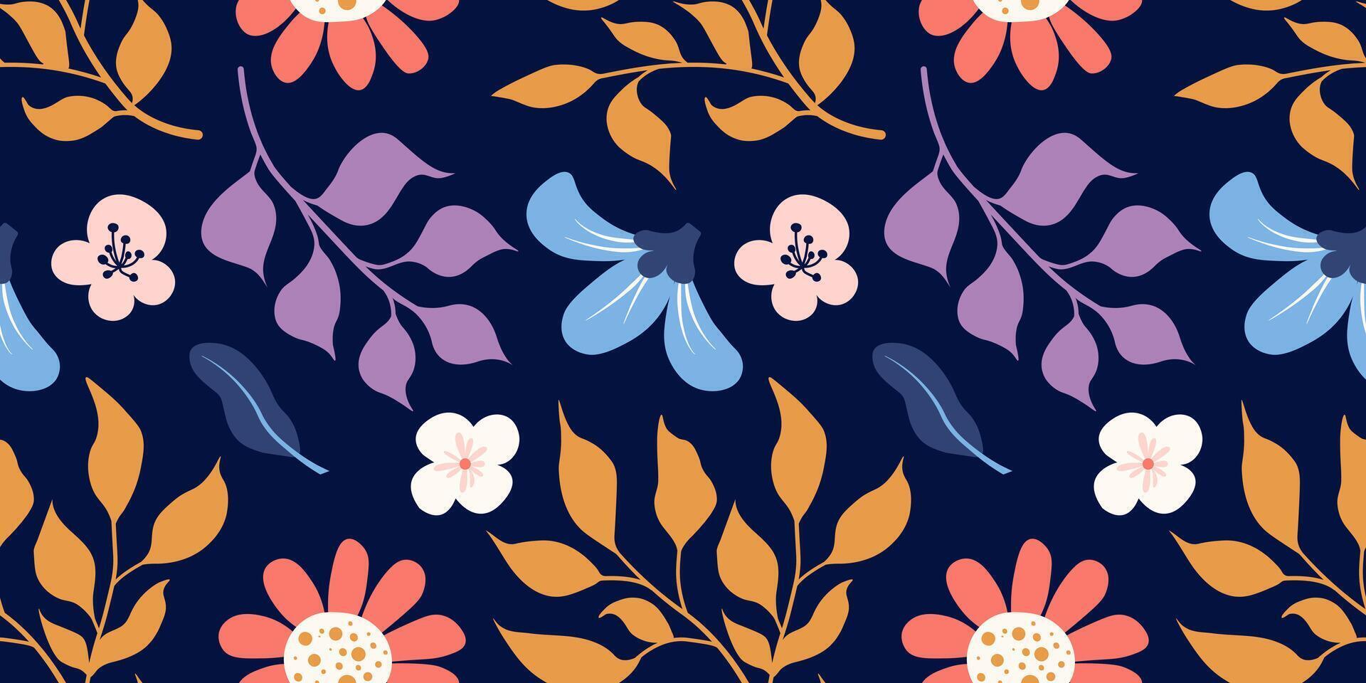 Seamless floral pattern with abstract flowers and leaves in flat style. Warm orange, purple, coral, blue tones on deep navy background. Perfect for textile, wallpaper, wrapping paper, surface design. vector