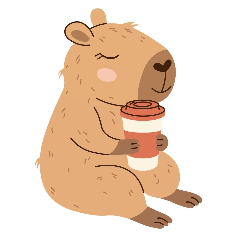 Relaxed capybara holding a takeaway coffee cup. Flat hand-drawn style with warm palette and transparent background. Great for lifestyle content, stickers, and cozy designs. vector