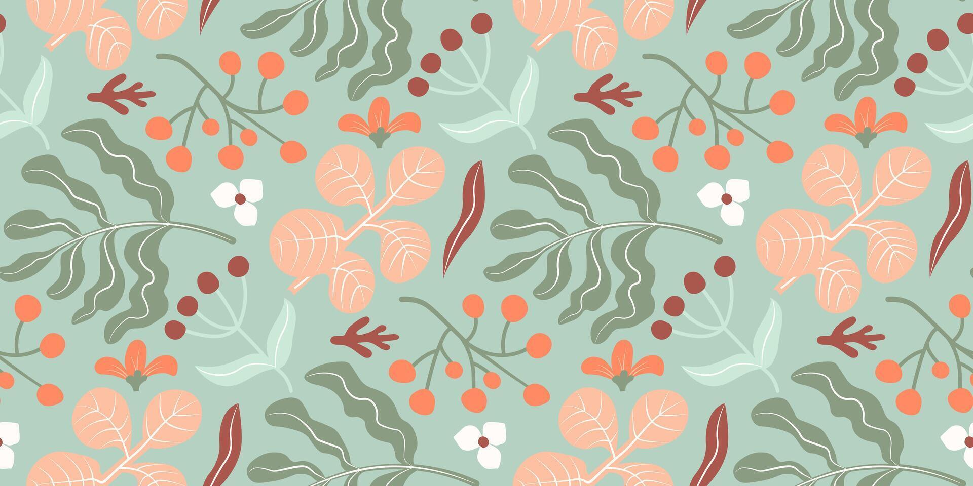 Seamless botanical pattern with abstract leaves, berries and flowers in orange, red and green tones on a mint background. Hand-drawn boho style. Ideal for fabric, wallpaper, wrapping paper, packaging. vector