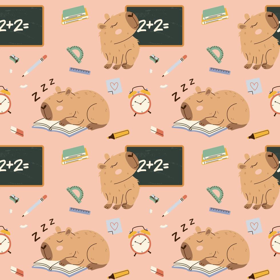 Seamless pattern with capybaras, books, chalkboards, and school supplies. Hand-drawn flat style on a pastel background. Ideal for wallpaper, textiles, wrapping paper, and childrens products. vector