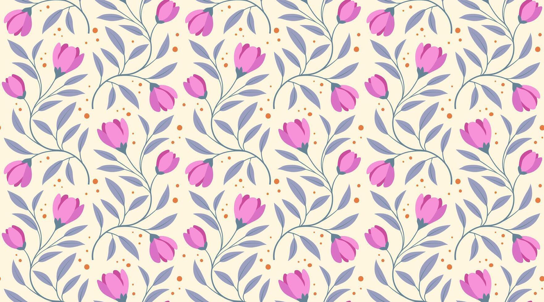 Seamless floral pattern with pink tulip buds and violet leaves on light cream background. Elegant hand-drawn botanical style. Ideal for fabrics, wallpapers, packaging, stationery, and digital design. vector