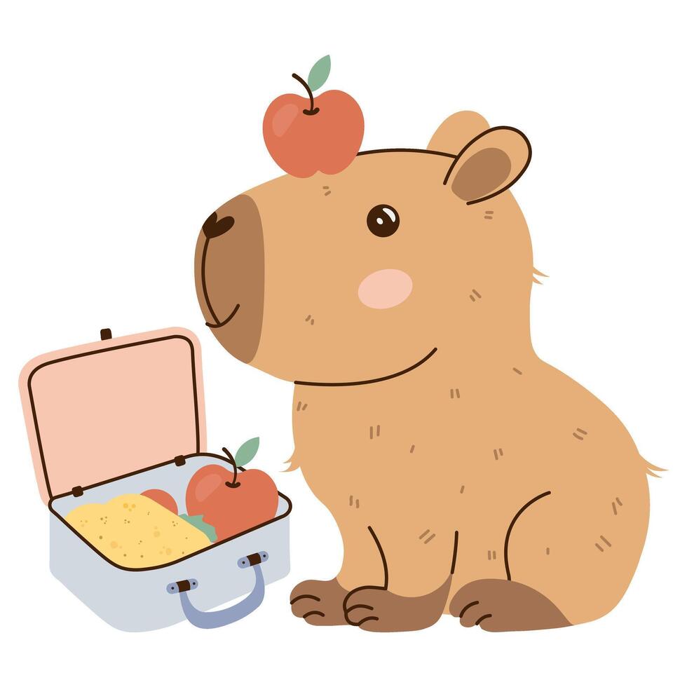 Capybara with a lunchbox and an apple on its head. Flat hand-drawn style on transparent background. Fun and playful, great for nutrition topics, school designs, and childrens content. vector