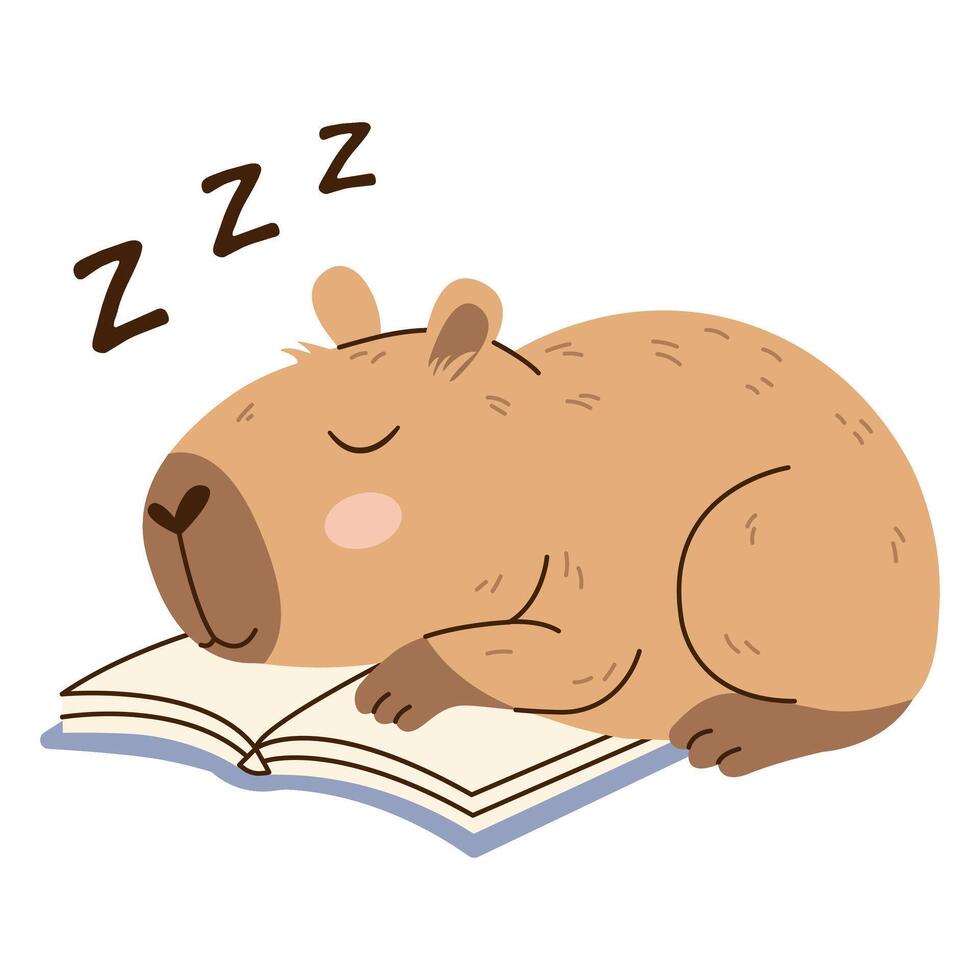 Adorable capybara sleeping on an open book. Flat illustration with soft colors and transparent background. Perfect for childrens projects, prints, and relaxation themes. vector