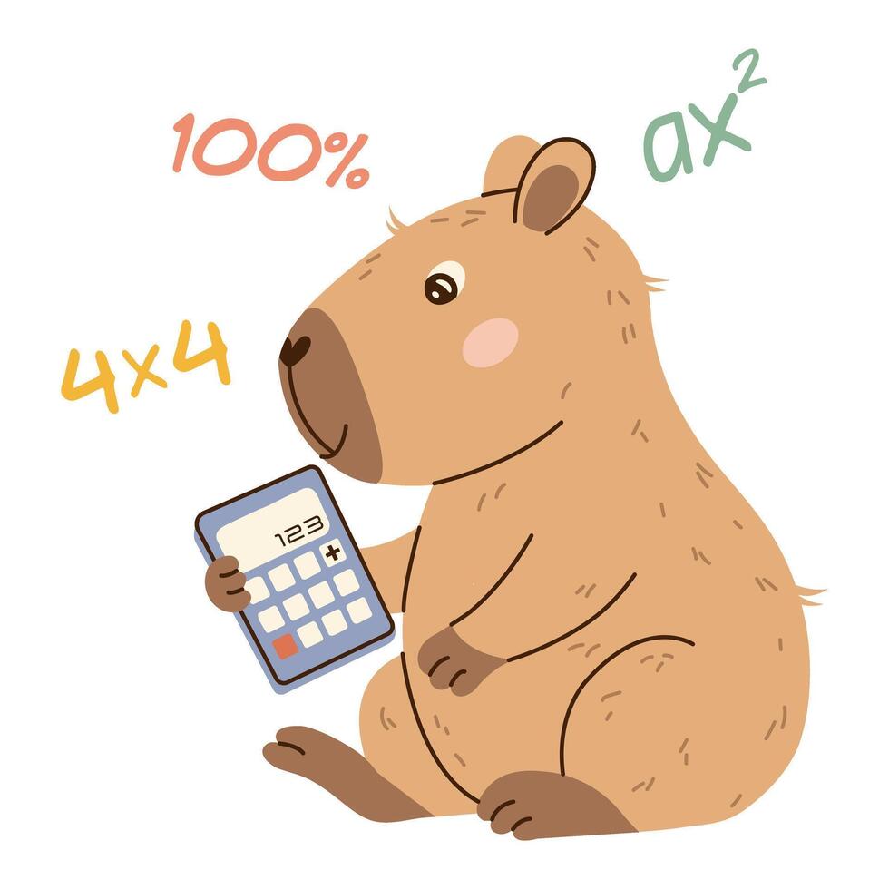 Smart capybara solving math with a calculator and math symbols. Flat hand-drawn style, transparent background. Ideal for educational posters, childrens books, and apps. vector