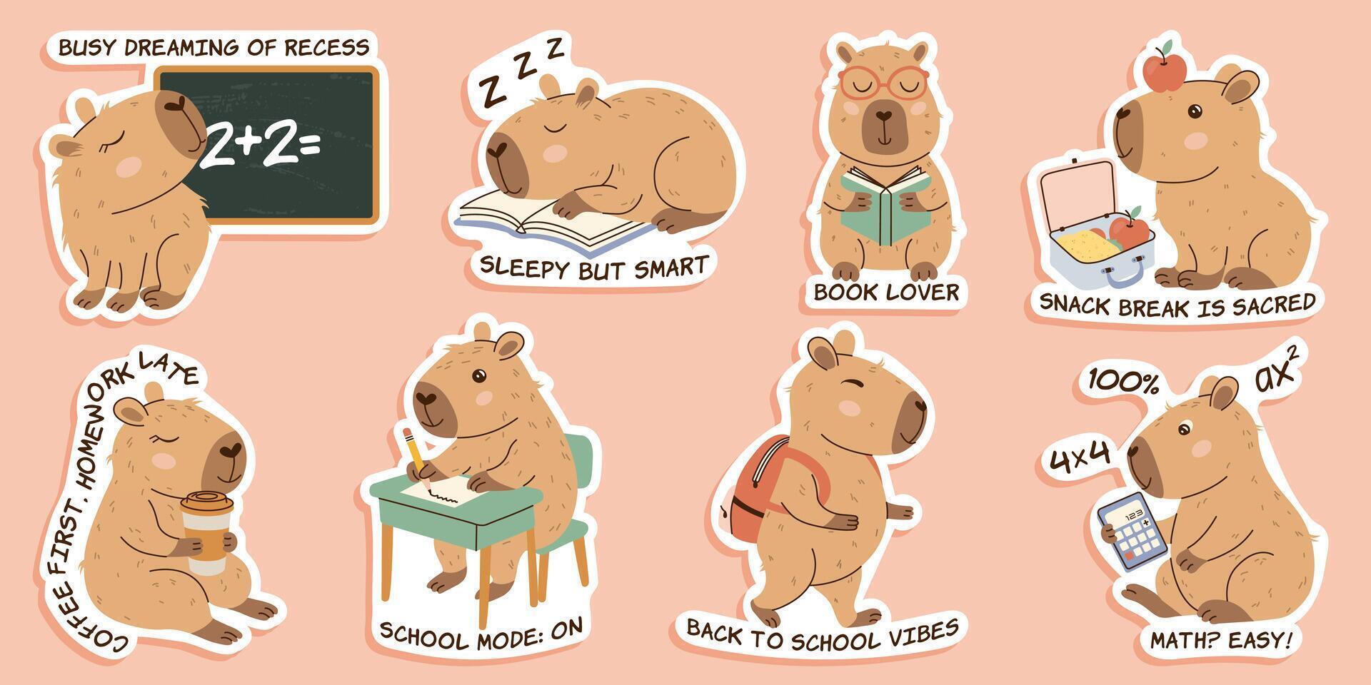 Cute capybara back-to-school sticker set in hand drawn doodle style with soft pastel colors. Perfect for stationery, planners, notebooks, scrapbooking, school projects, digital stickers, and gifts. vector