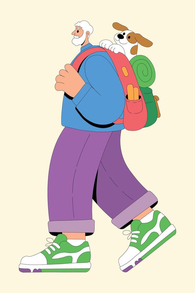 Cheerful cartoon of an elderly man hiking with a dog in a backpack, flat style, for banners, blogs, ads about travel, adventure, outdoor lifestyles vector