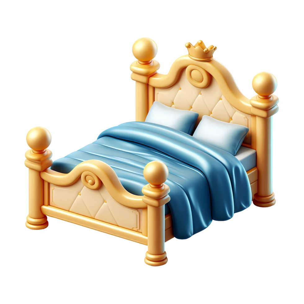 Royal Luxury Bed with Blue Blanket and Crown Design, 3D Cartoon Style png