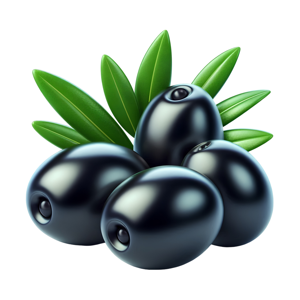 3D realistic black olives with green leaves, isolated on transparent background png