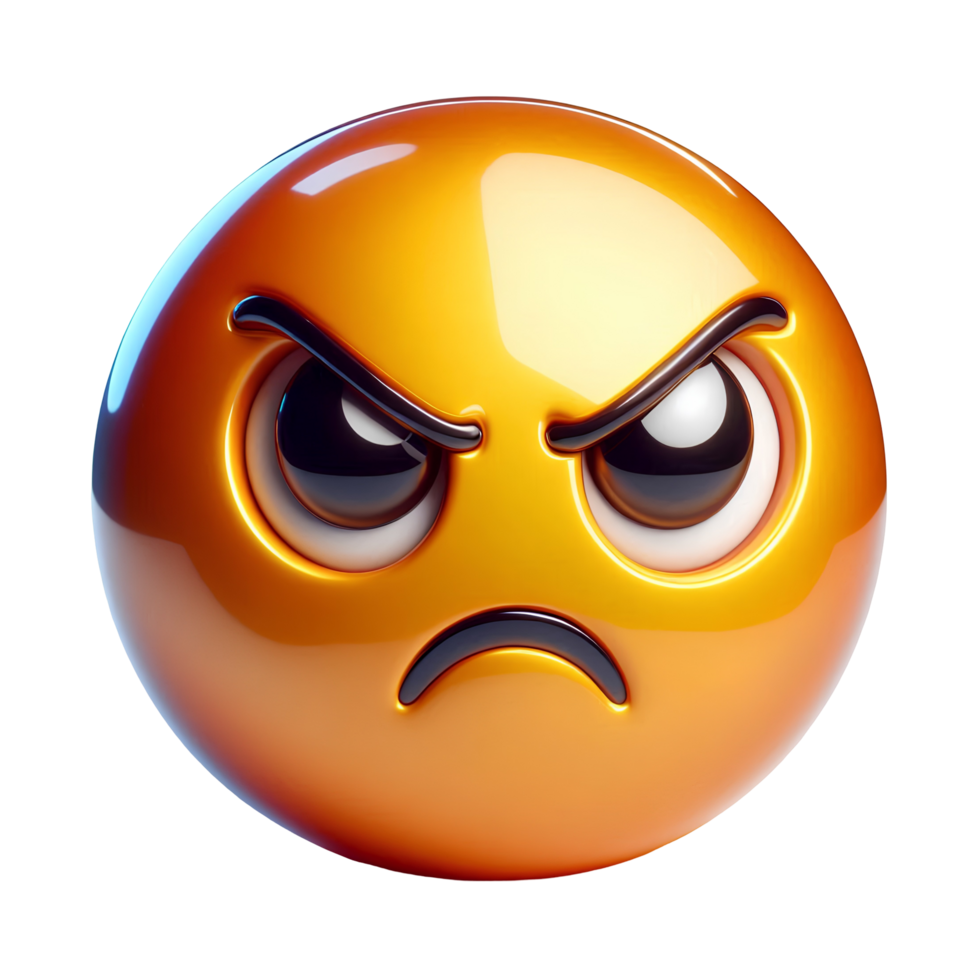 3D glossy angry emoji with furrowed brows and a frown isolated on transparent background png