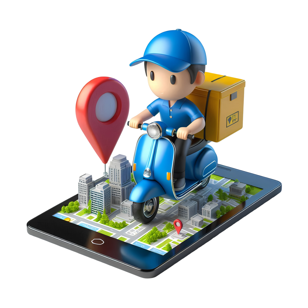 Delivery Man Riding Scooter on Digital Map - Online Ordering and Delivery Service Illustration png