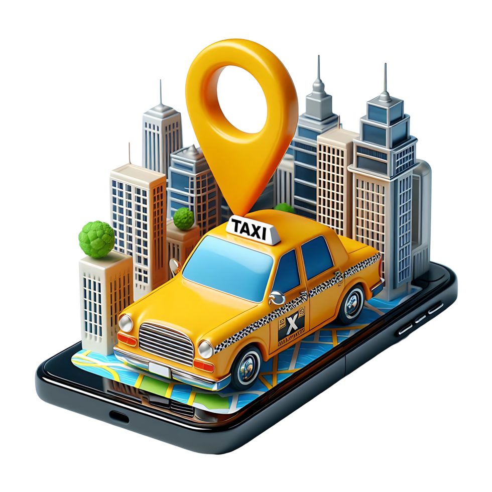 3D Taxi on Map with Location Pin on Smartphone Screen - City Buildings and Navigation Concept, Smooth Graphics png