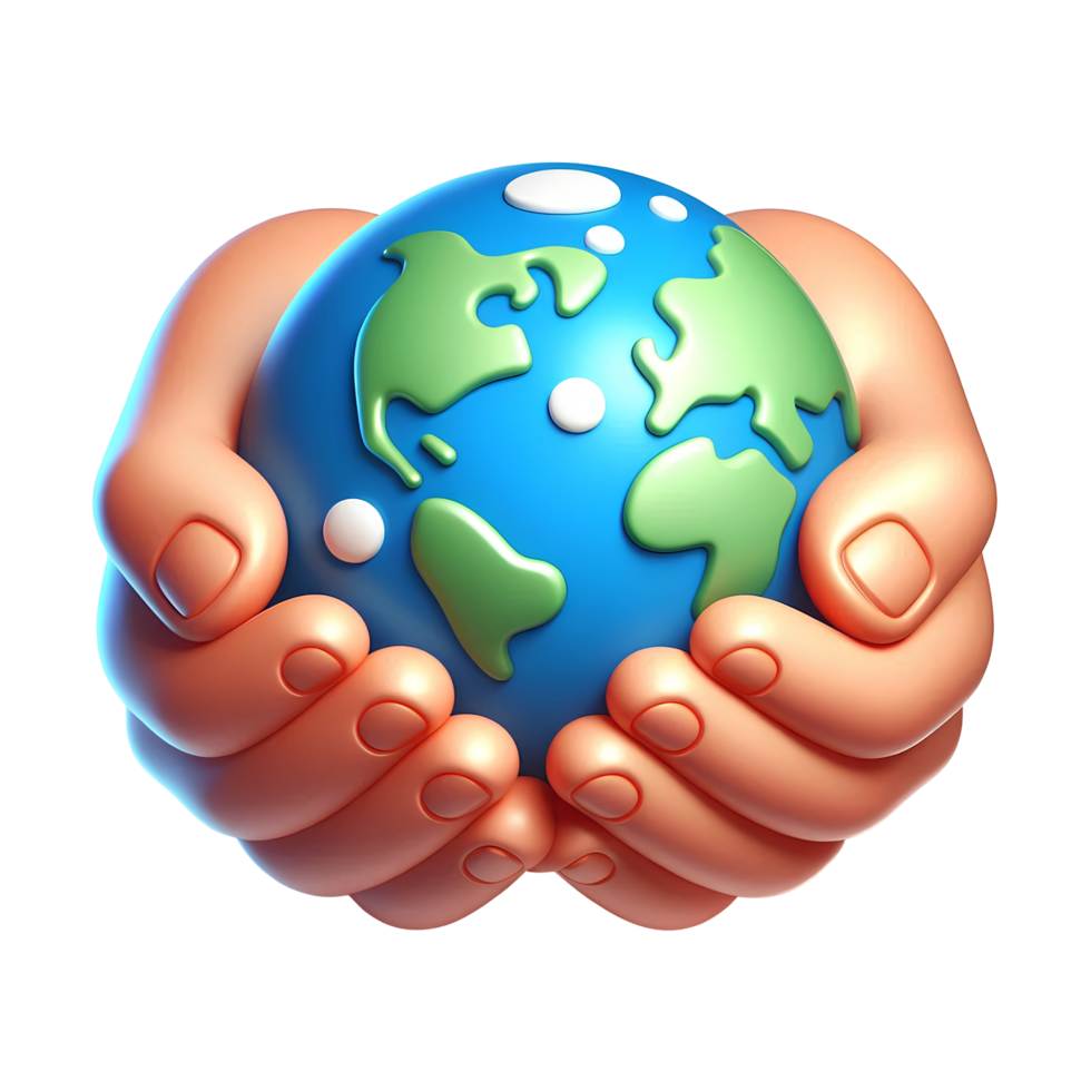 3D hands holding Earth with blue oceans and green continents, isolated on transparent background png