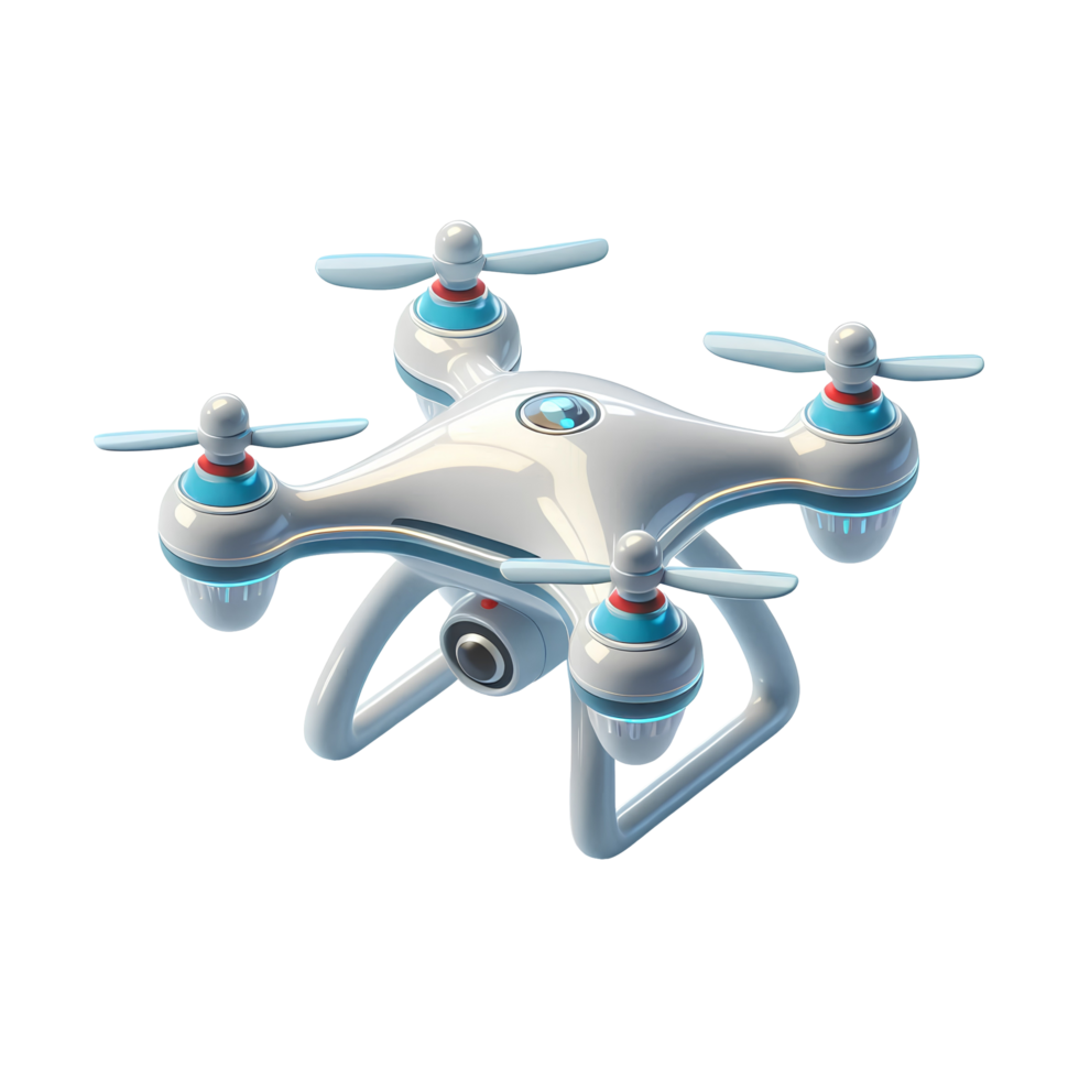 3D white drone with four propellers and camera, isolated on transparent background png
