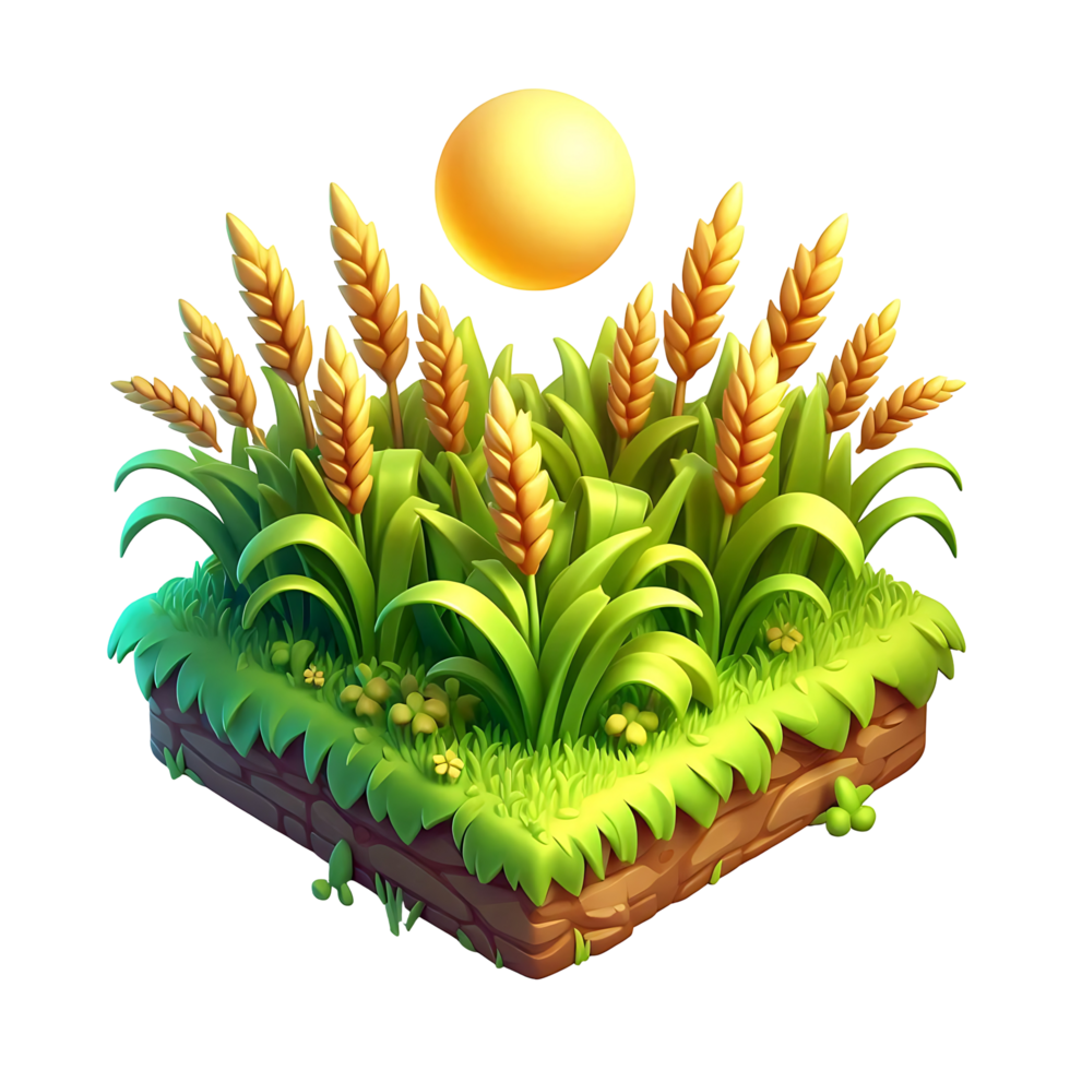 3D Render of Beautiful Wheat Field - Cartoon Style, Smooth Graphics, Glossy Finish, Shiny, Detailed, Isolated with Sun and Grass png