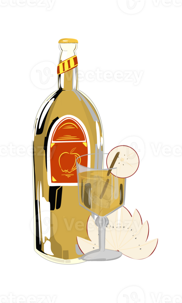 A bottle of liquor and a glass with a slice of apple png
