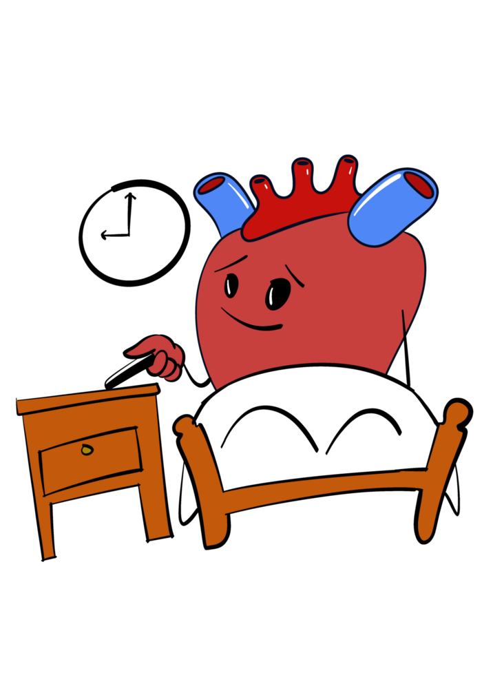 A cartoon heart is sleeping on a bed with a clock png