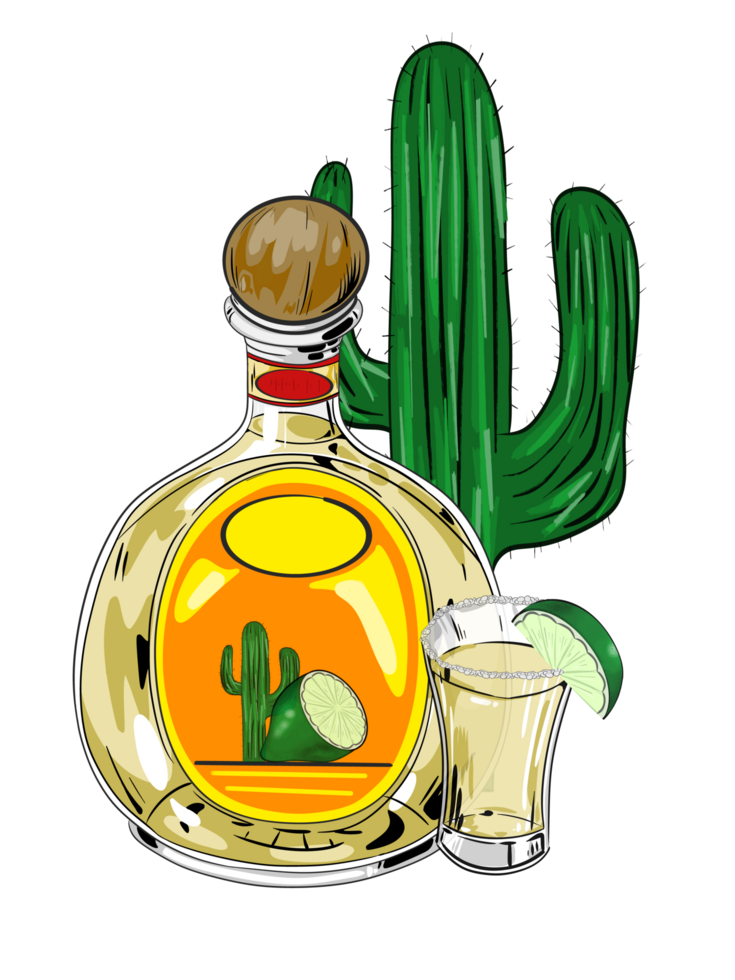 bottle of tequila and a cactus png