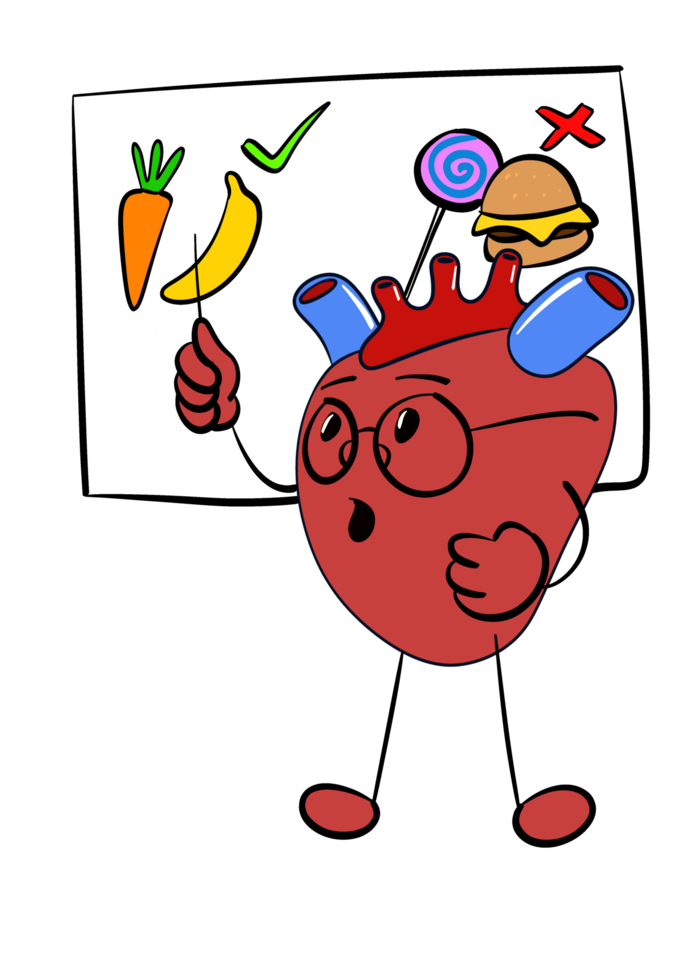 A cartoon heart holding a board with food items png