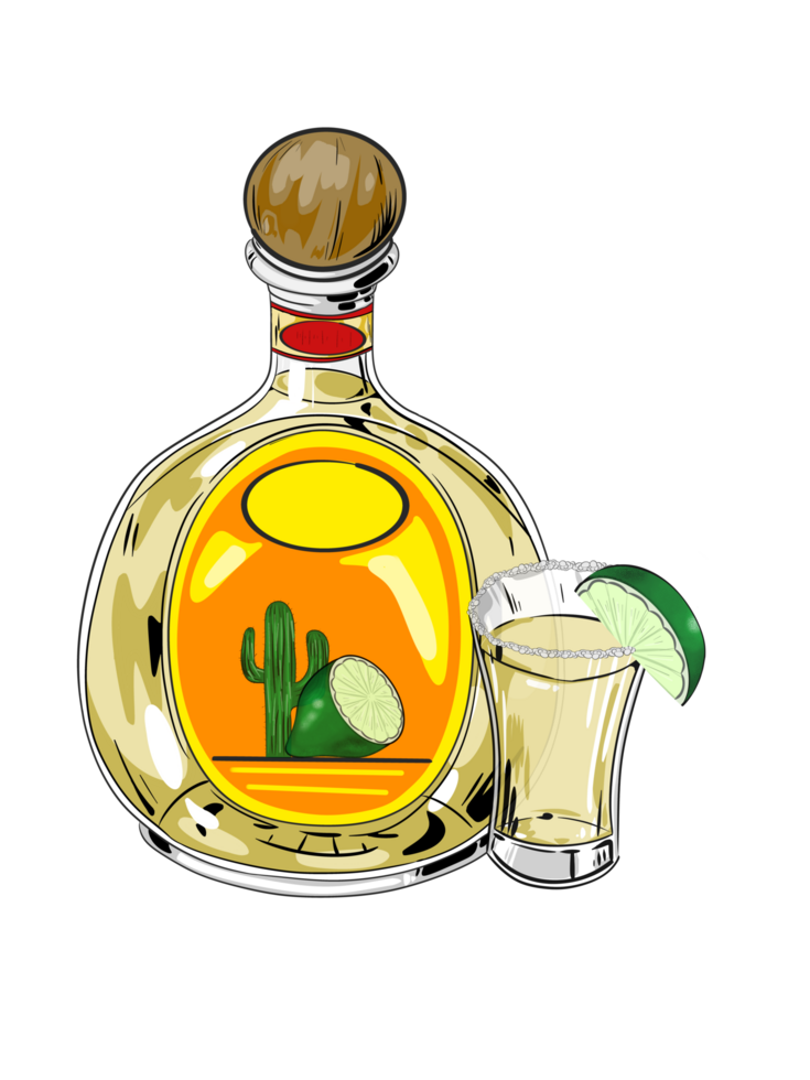bottle of tequila and a glass of lime png