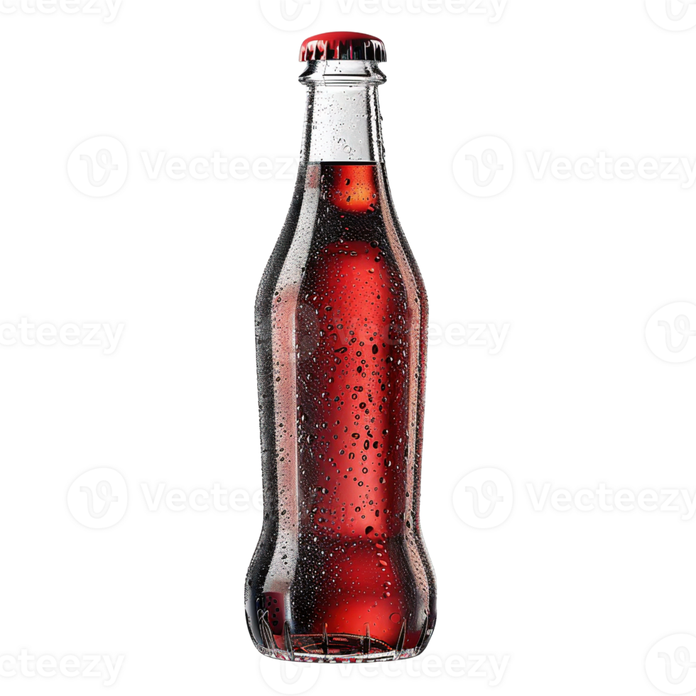 Refreshing Cold Red Soda Beverage in Condensation-Covered Bottle png