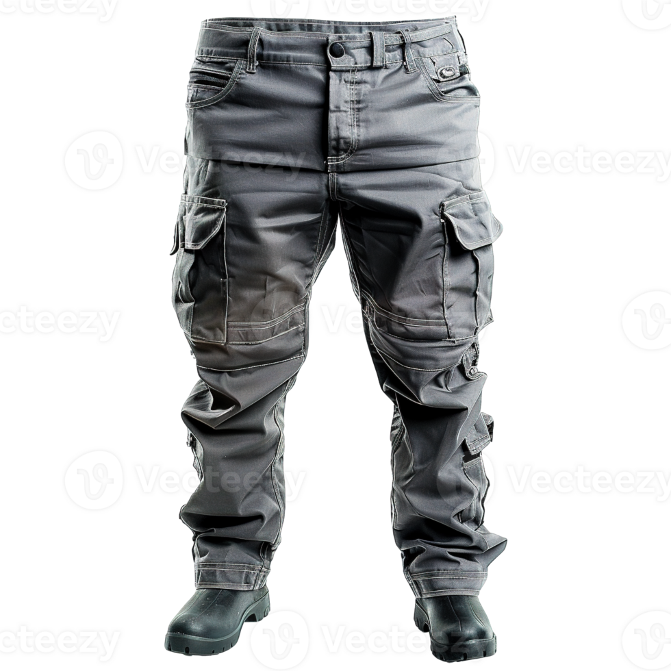 Gray Cargo Work Pants for Industrial and Construction Workers with Reinforced Knees, Durable Materials, and Functional Pocket Layout png