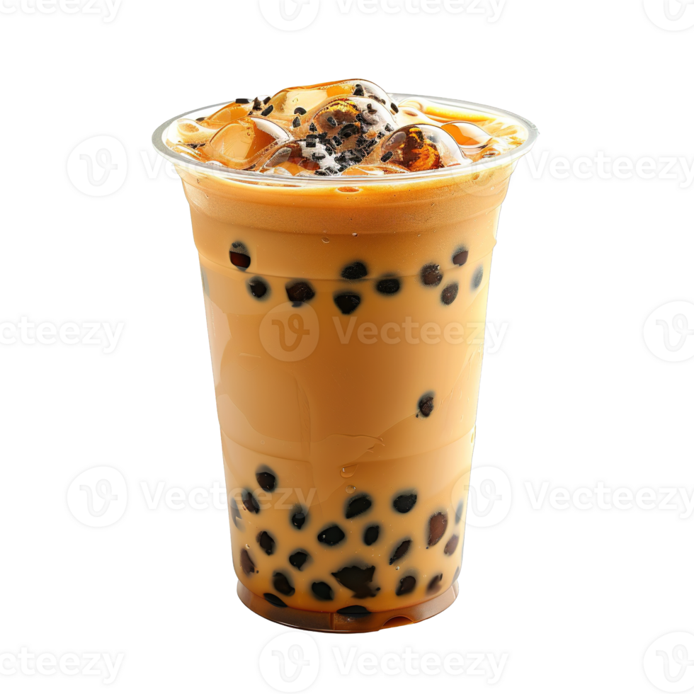 Refreshing Brown Sugar Bubble Tea Beverage in Plastic To-Go Cup Filled with Ice and Chewy Tapioca Pearls png