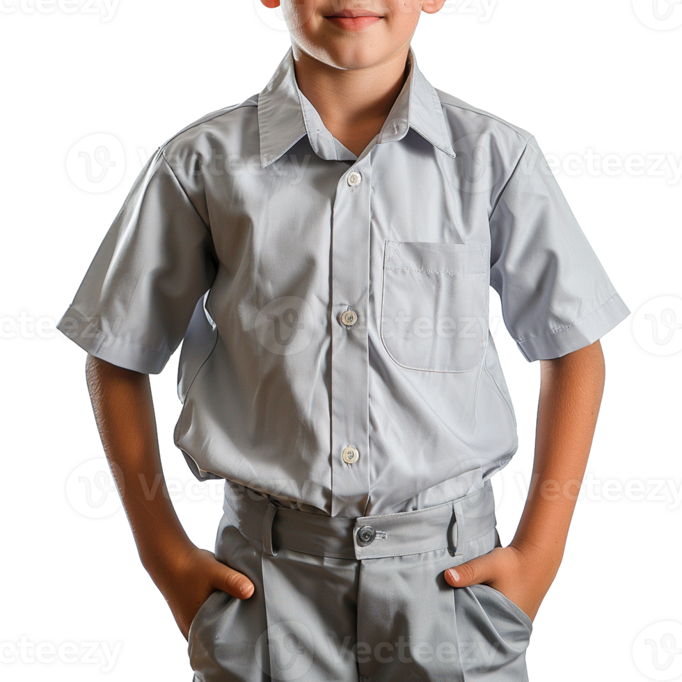 Children Wearing Classic Light Grey Button-Up School Uniform Shirts with Pockets and Collars Isolated on Transparent Background png