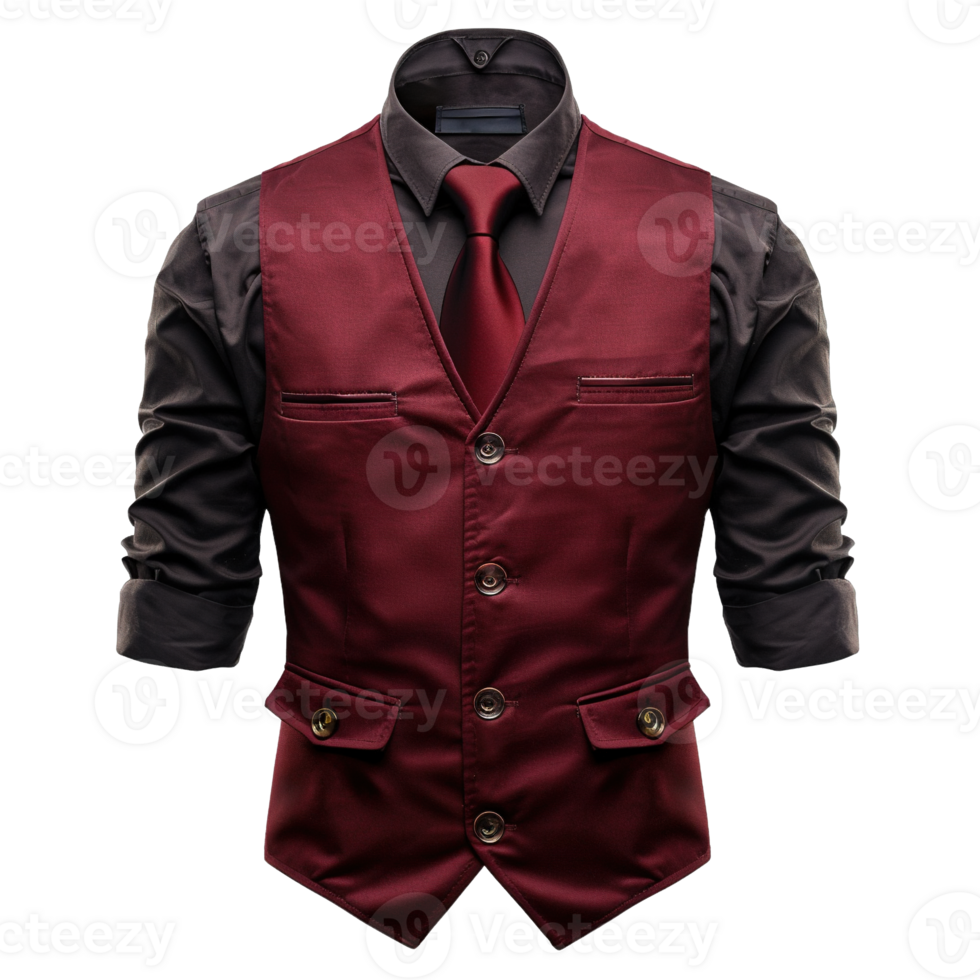 Elegant Burgundy Formal Vest with Matching Tie and Black Rolled-Sleeve Shirt for Waitstaff or Hospitality Uniform Isolated on Transparent Background png