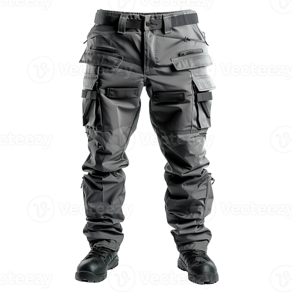 Durable Grey Cargo Work Pants with Reinforced Stitching and Utility Pockets on Transparent Background png