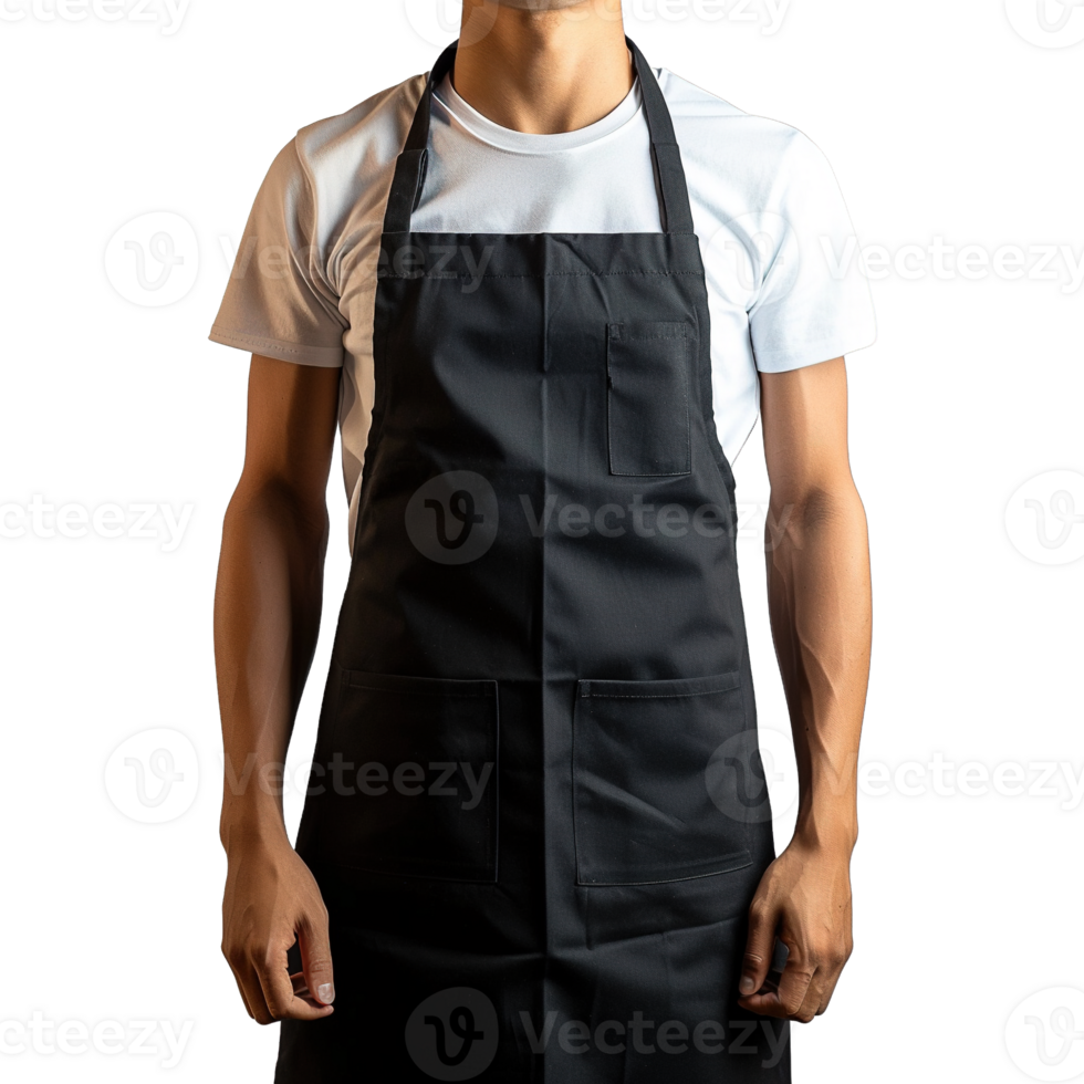 Black Kitchen Apron with Multiple Utility Pockets Worn by Male Model in White T-shirt Against Transparent Background png