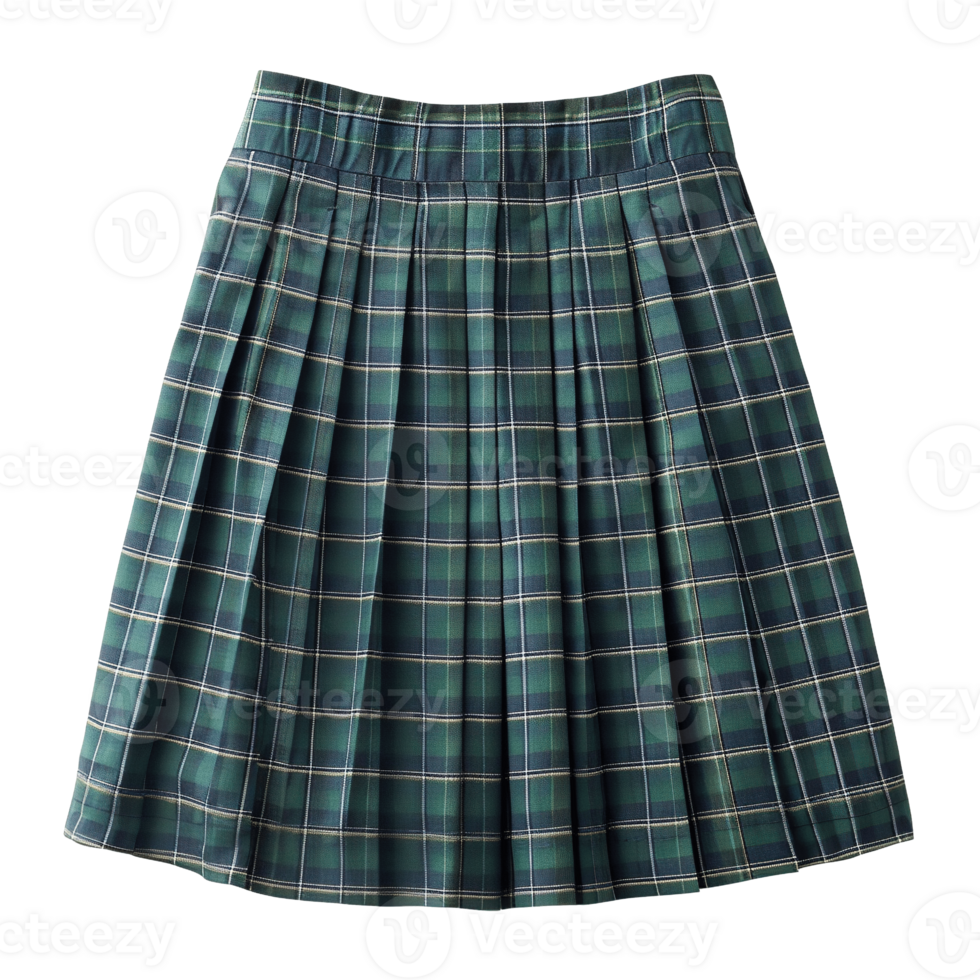 Front View of Green and Navy Tartan School Skirts with Pleated Design Isolated on Transparent Background png