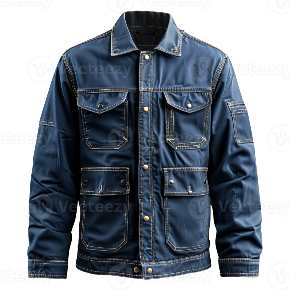 Navy Blue Industrial Work Jacket with Reinforced Stitching and Multiple Utility Pockets Isolated on Transparent Background png