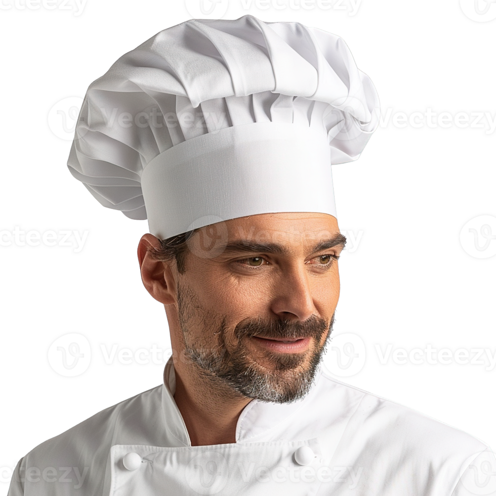 Professional Male Chef Wearing Classic White Chef Coat and Traditional Tall Chef Hat Against Transparent Background png