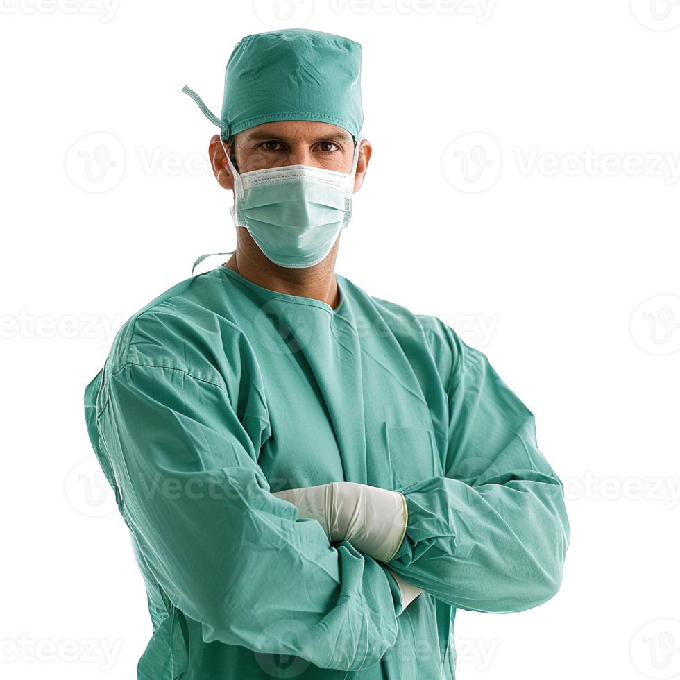 Professional Surgeon in Complete Sterile Mint Green Operating Room Attire with Surgical Mask, Cap and Latex Gloves Standing with Arms Crossed Against Transparent Background png