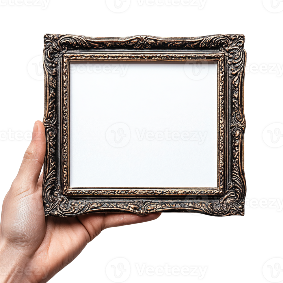 Hand Holding Ornamental Bronze Photo Frame with Intricate Carved Embellishments on Transparent Background png