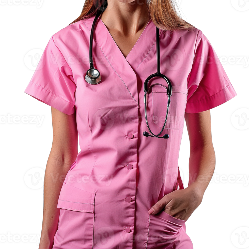 Healthcare Professional in Pink Button-Front Medical Uniform with Black Stethoscope Around Neck and Hand in Pocket Against Transparent Background png
