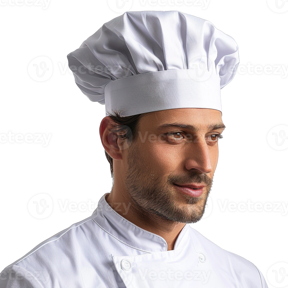 Confident Male Chef Wearing White Chef Coat and Distinctive Chef Hat on Transparent Background png