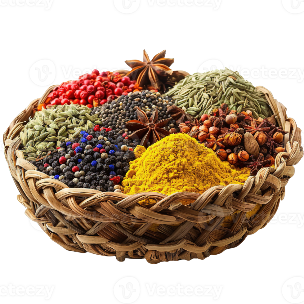 Traditional Woven Basket with Vibrant Collection of Culinary Spices and Aromatic Seeds on Transparent Background png