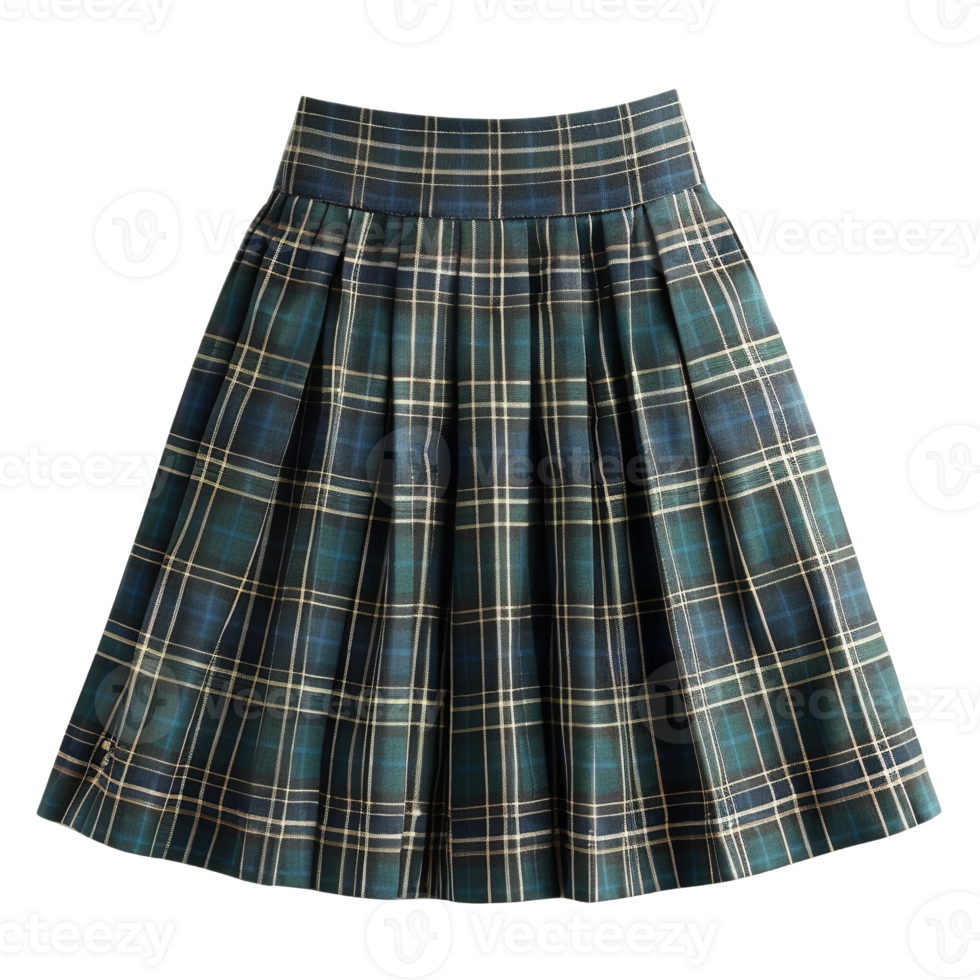 Traditional Tartan Pleated Skirts for Girls School Uniform in Green Navy and Yellow Checkered Fabric on Transparent Background png